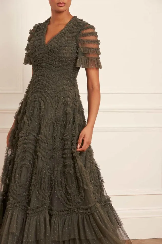 Verity Ruffle VNeck Gown Green Women Needle and Thread Dresses
