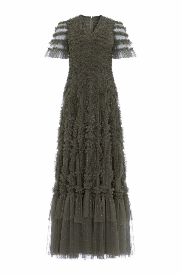 Verity Ruffle VNeck Gown Green Women Needle and Thread Dresses