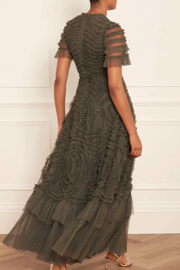 Verity Ruffle VNeck Gown Green Women Needle and Thread Dresses