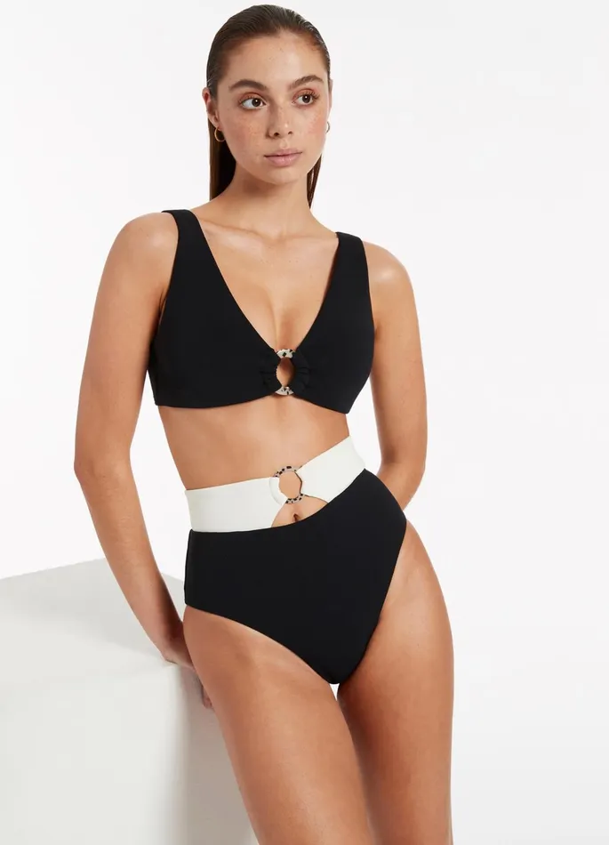 Versa Rib High Waist Bikini Bottom Blackcream Women JETS Australia High Waist Bikini Bottoms