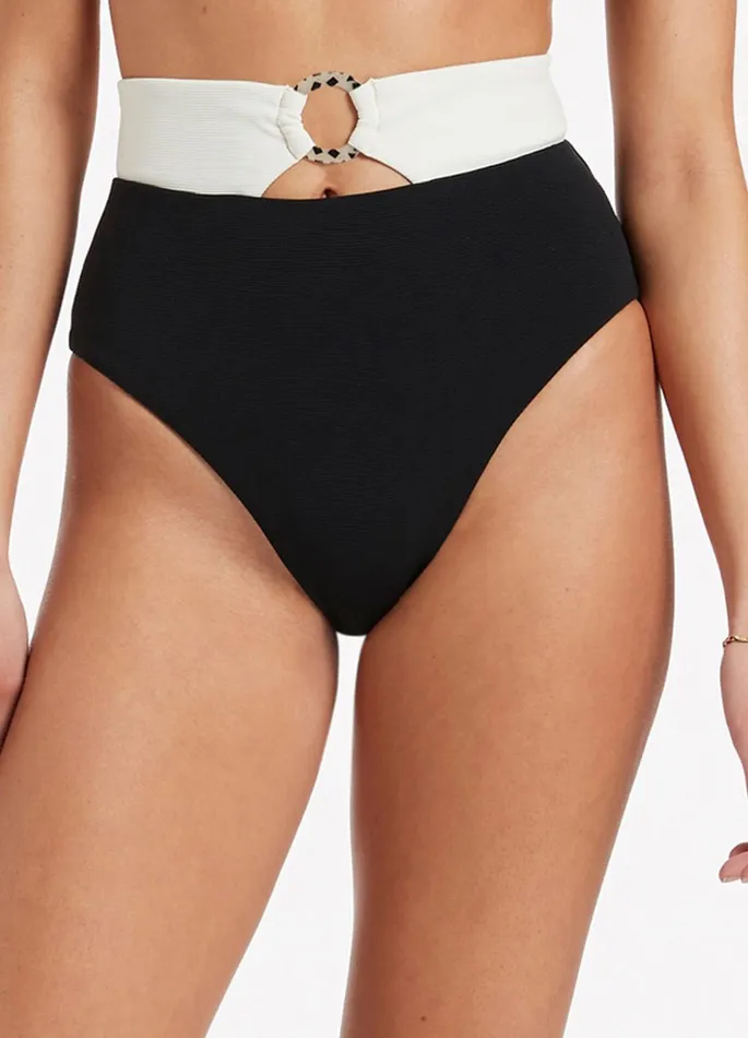 Versa Rib High Waist Bikini Bottom Blackcream Women JETS Australia High Waist Bikini Bottoms