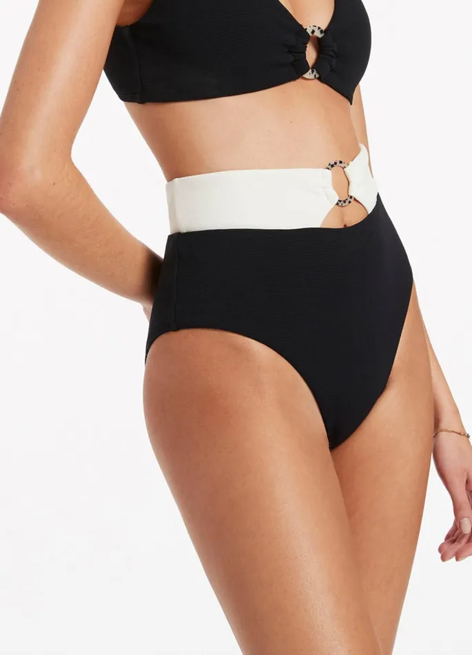Versa Rib High Waist Bikini Bottom Blackcream Women JETS Australia High Waist Bikini Bottoms