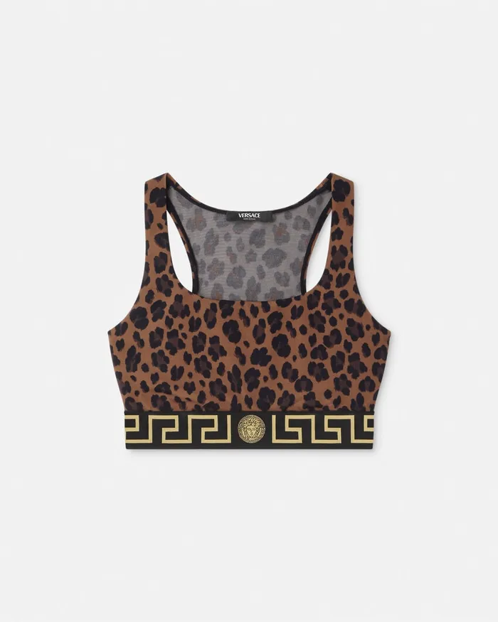 Versace Activewear Women Leopard Greca Border Gym Sports Bra Animalier