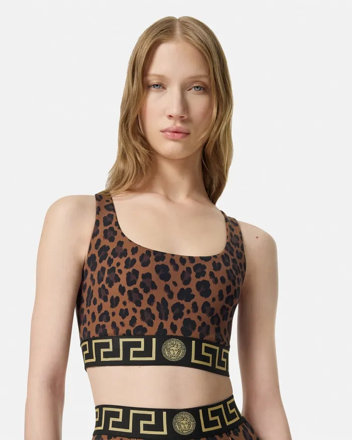 Versace Activewear Women Leopard Greca Border Gym Sports Bra Animalier