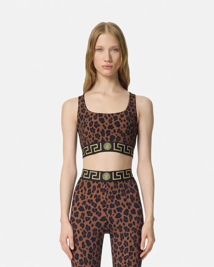 Versace Activewear Women Leopard Greca Border Gym Sports Bra Animalier