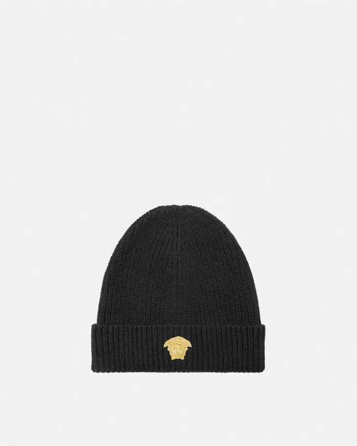 Versace Bags and Accessories Kids Embroidered Medusa Knit Beanie Black
