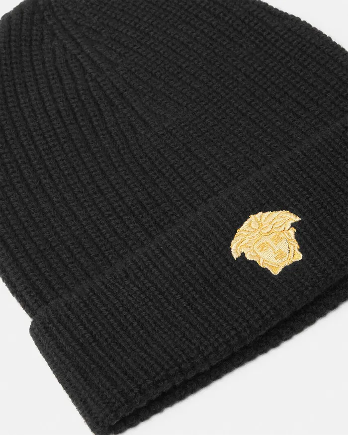 Versace Bags and Accessories Kids Embroidered Medusa Knit Beanie Black