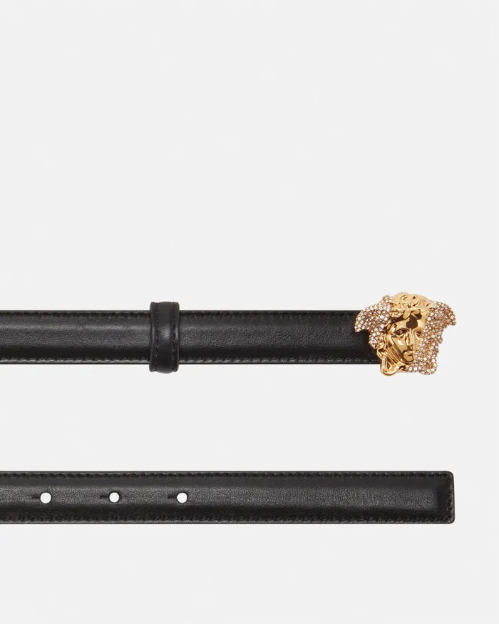 Versace Belts Women Crystal La Medusa Thin Leather Belt Black