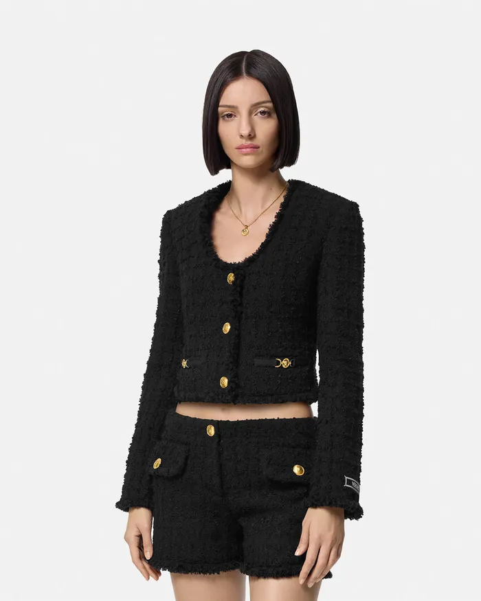 Versace Blazer and Jackets Women Heritage Tweed Crop Cardigan Jacket Black