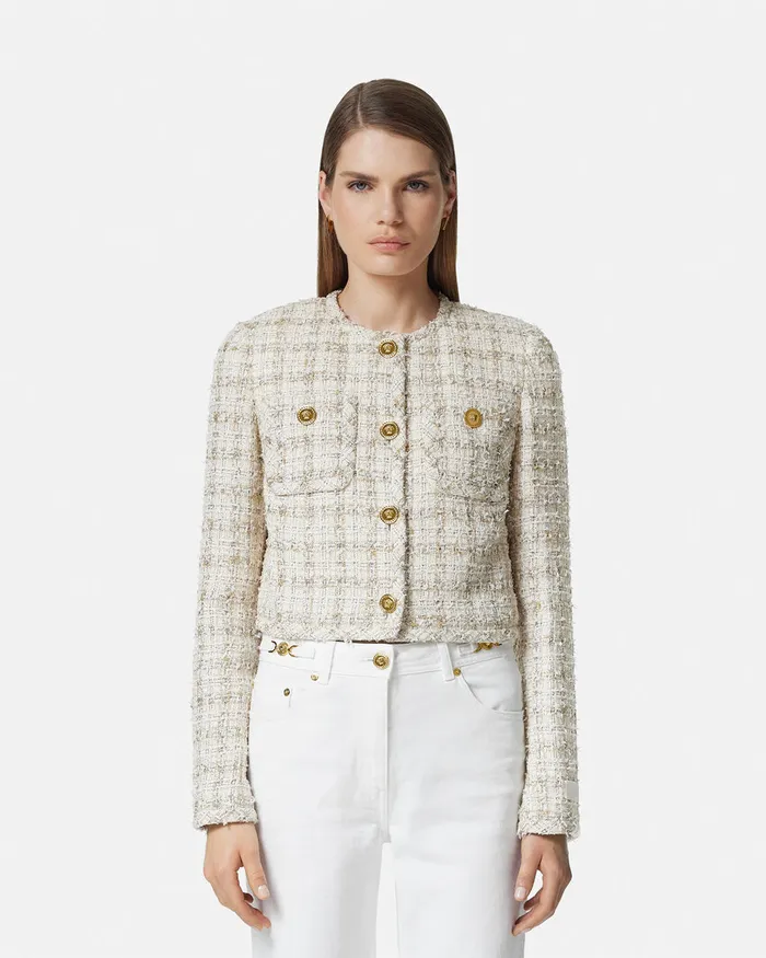 Versace Blazer and Jackets Women Tweed Cardigan Jacket Whitegold