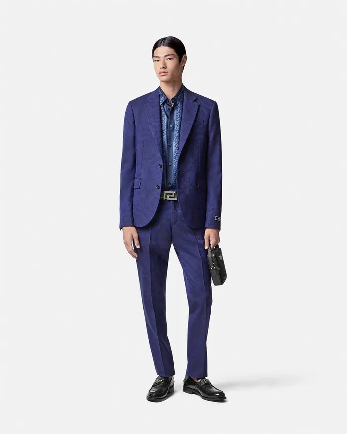 Versace Blazers and Suits Men Barocco Jacquard Wool Pants Blue