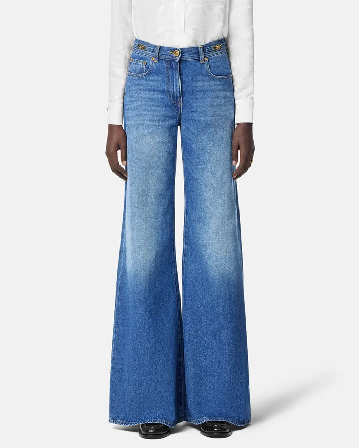 Versace Denim Women Medusa 03995 Wide Flared Jeans Blue