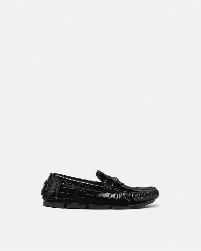 Versace Drivers Men Medusa CrocEffect Leather Driver Shoes Black