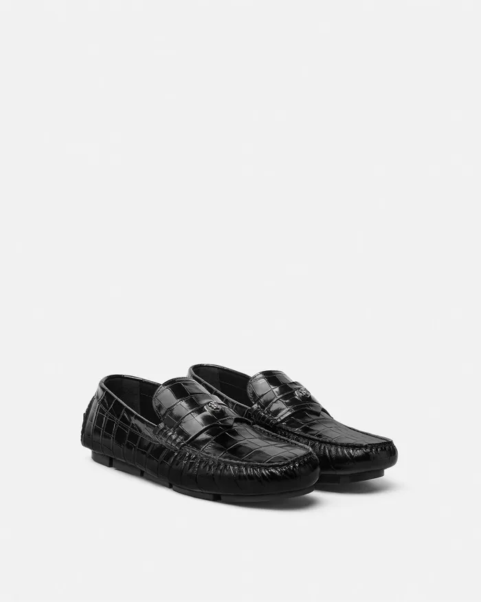 Versace Drivers Men Medusa CrocEffect Leather Driver Shoes Black