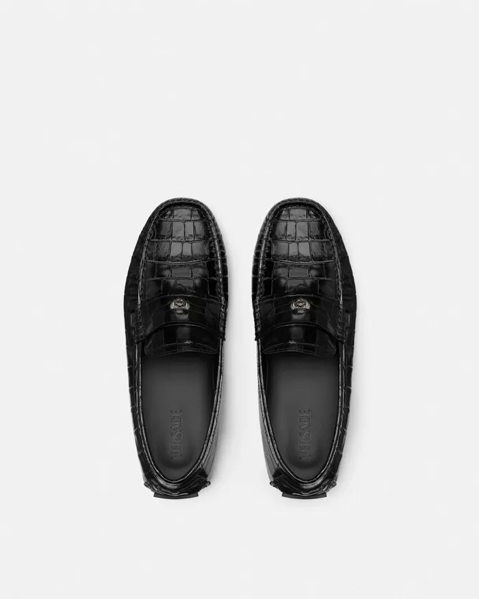 Versace Drivers Men Medusa CrocEffect Leather Driver Shoes Black