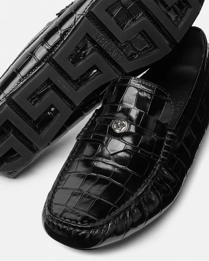 Versace Drivers Men Medusa CrocEffect Leather Driver Shoes Black