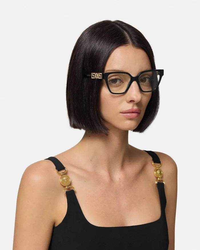 Versace Eyeglass Frames Women Greca Strass Glasses Blackgold