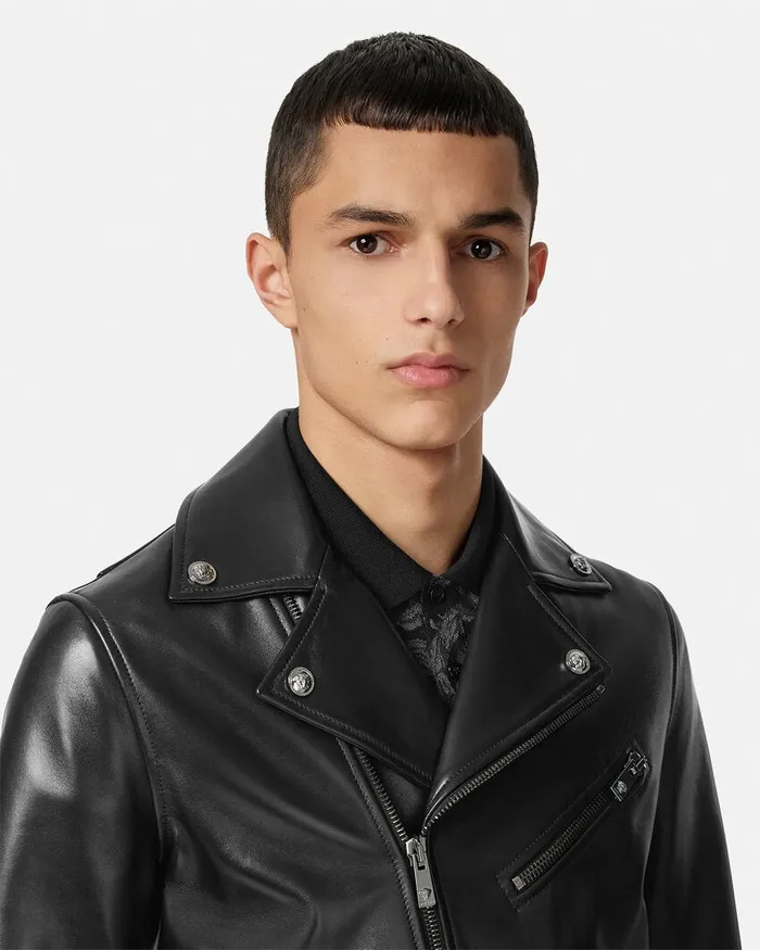 Versace Jackets and Coats Men Leather Biker Jacket Black