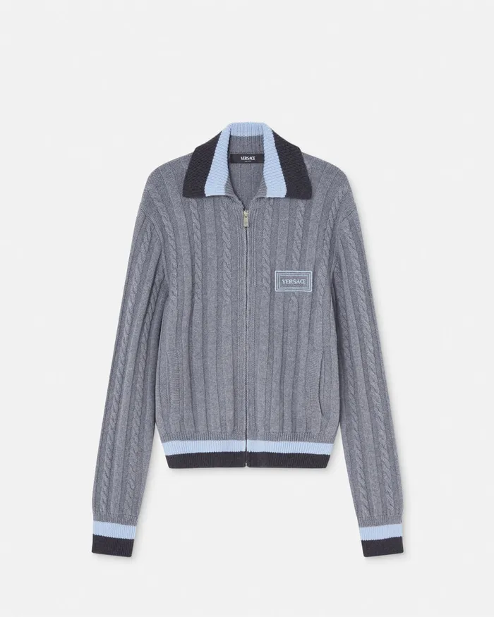 Versace Knitwear Men 90s Vintage Logo Knit Zip Jumper Gray