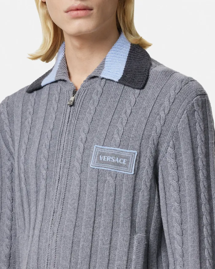 Versace Knitwear Men 90s Vintage Logo Knit Zip Jumper Gray