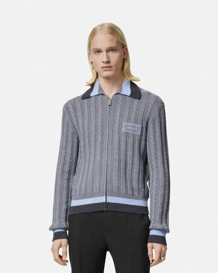 Versace Knitwear Men 90s Vintage Logo Knit Zip Jumper Gray