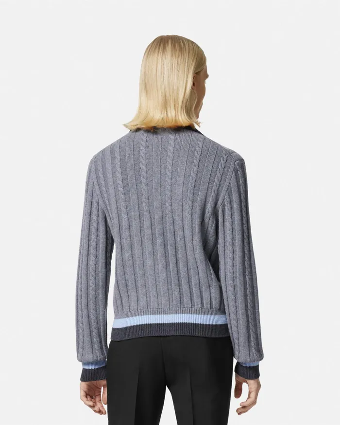 Versace Knitwear Men 90s Vintage Logo Knit Zip Jumper Gray