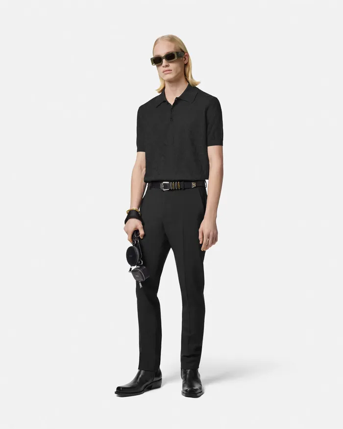 Versace Knitwear Men Barocco Knit Polo Shirt Black