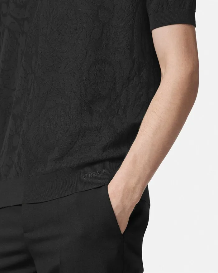 Versace Knitwear Men Barocco Knit Polo Shirt Black