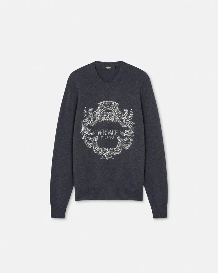 Versace Knitwear Men Crystal Iconic Crest Cashmere Knit Sweater Gray