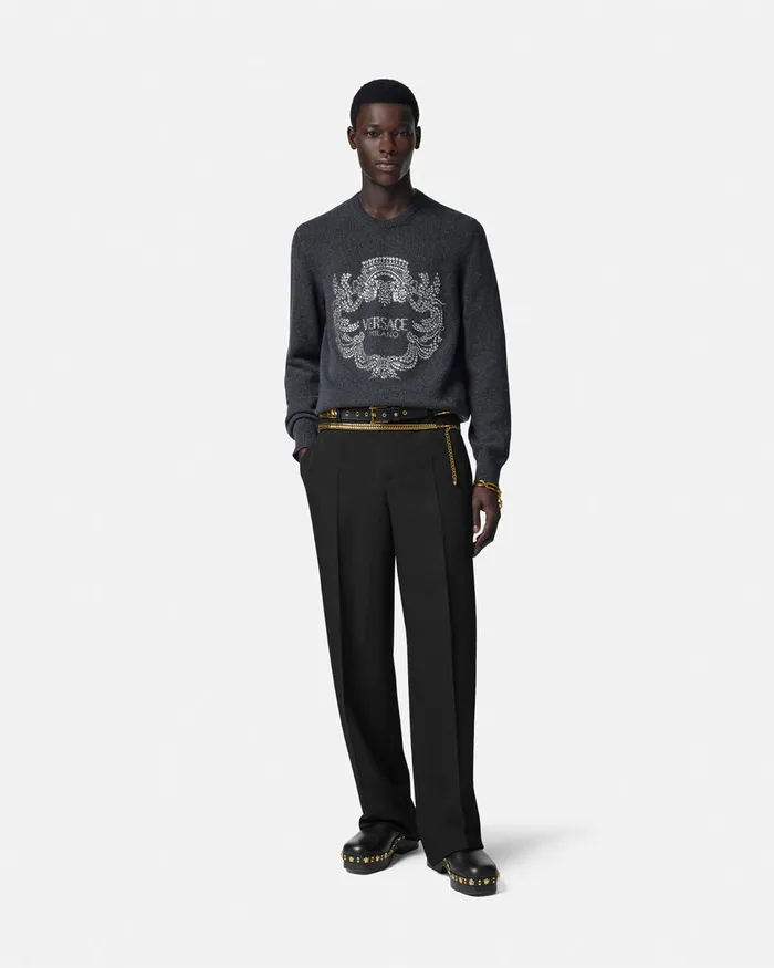 Versace Knitwear Men Crystal Iconic Crest Cashmere Knit Sweater Gray