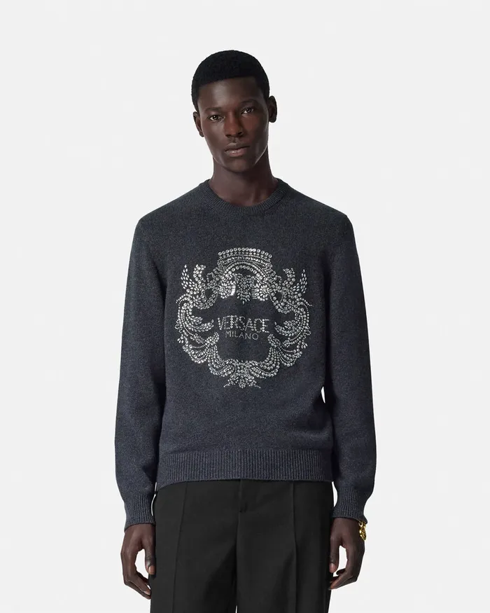 Versace Knitwear Men Crystal Iconic Crest Cashmere Knit Sweater Gray