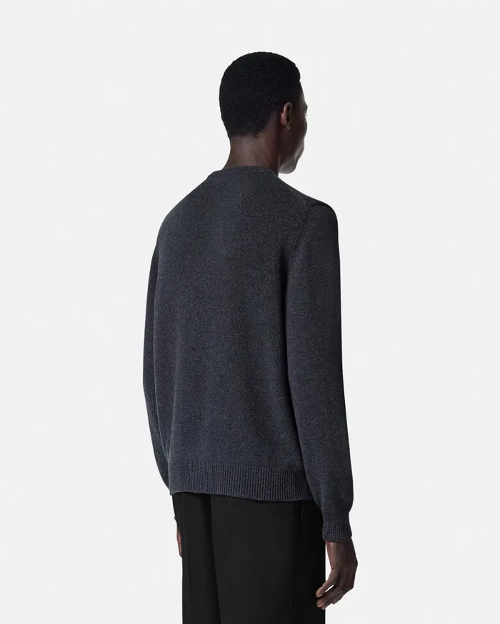 Versace Knitwear Men Crystal Iconic Crest Cashmere Knit Sweater Gray