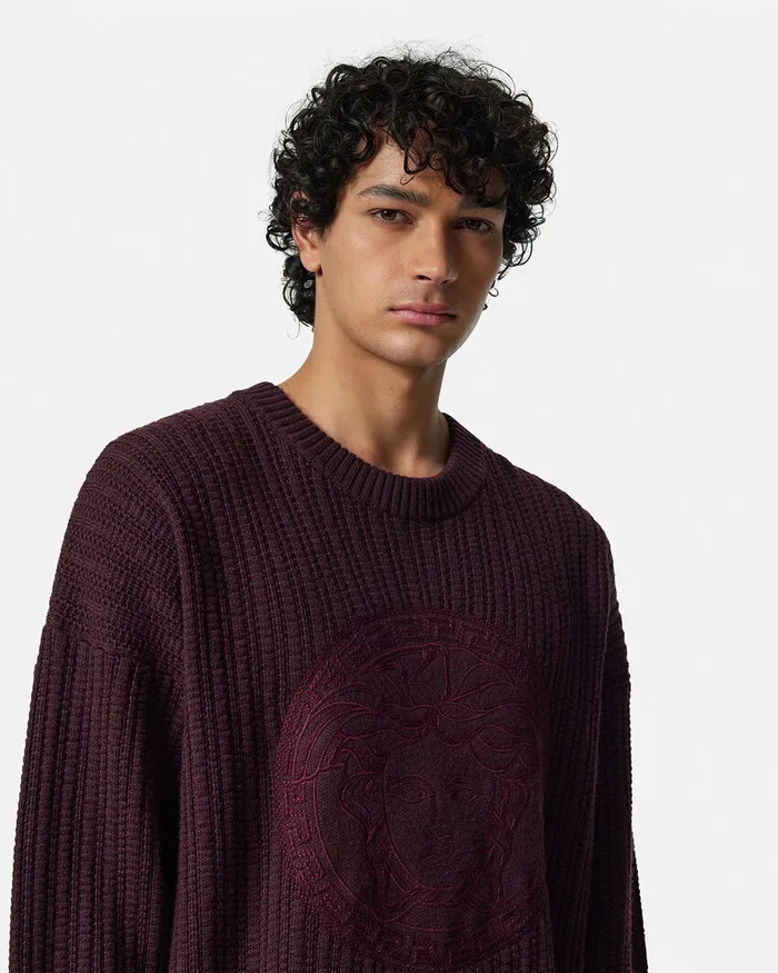 Versace Knitwear Men Embroidered Medusa CableKnit Sweater Brown