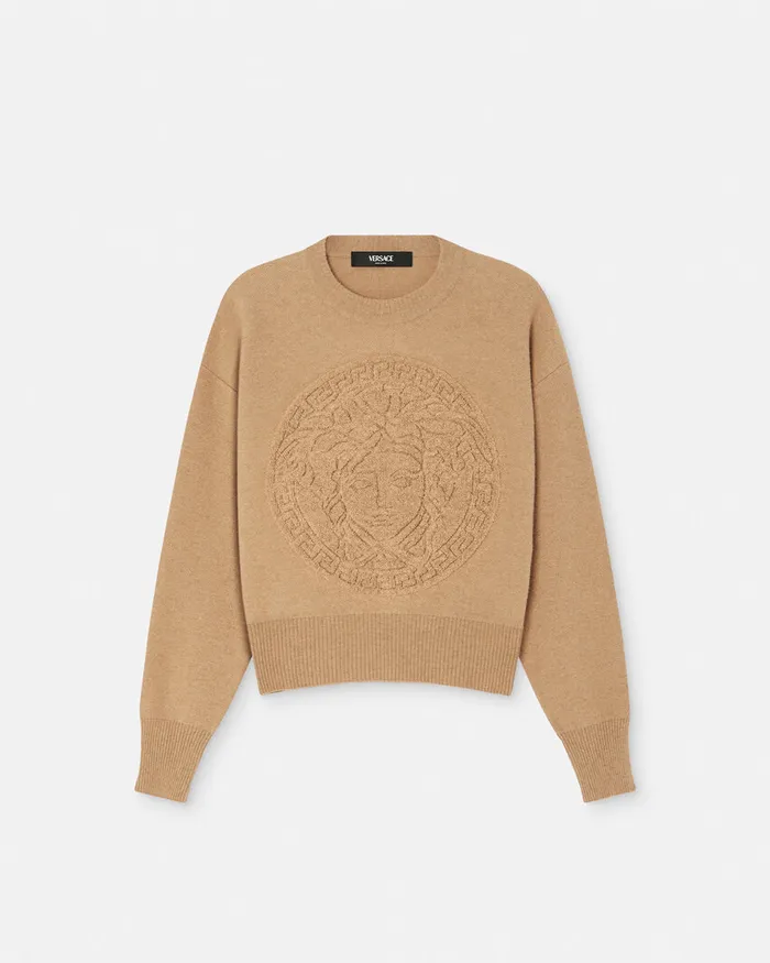 Versace Knitwear Women Medusa WoolBlend Knit Towel Sweater Beige