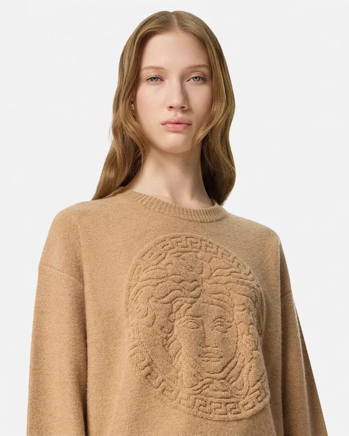 Versace Knitwear Women Medusa WoolBlend Knit Towel Sweater Beige