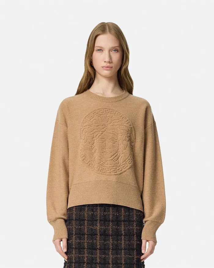 Versace Knitwear Women Medusa WoolBlend Knit Towel Sweater Beige