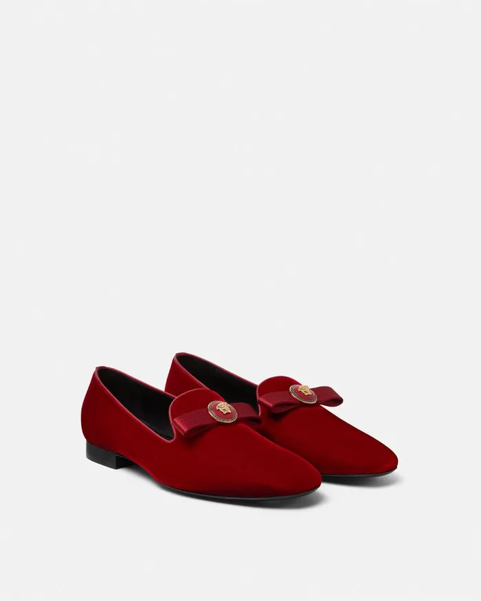 Versace Loafers and Flats Women Gianni Ribbon Velvet Slippers Red