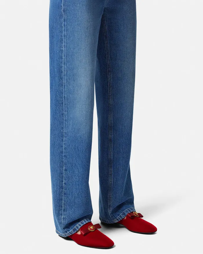 Versace Loafers and Flats Women Gianni Ribbon Velvet Slippers Red