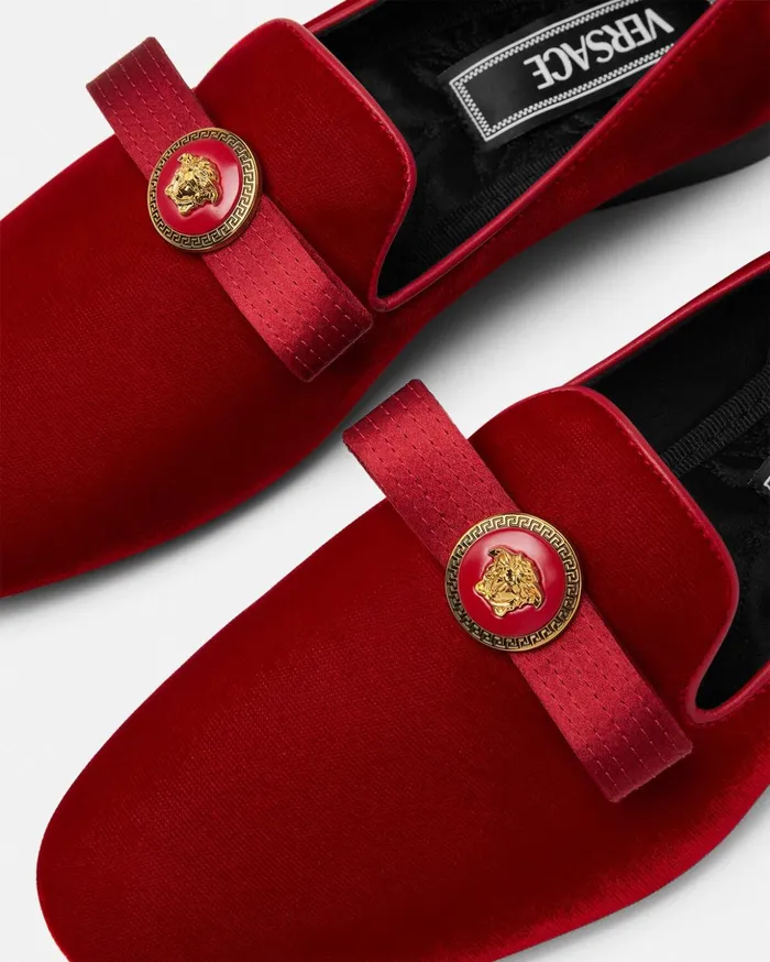 Versace Loafers and Flats Women Gianni Ribbon Velvet Slippers Red