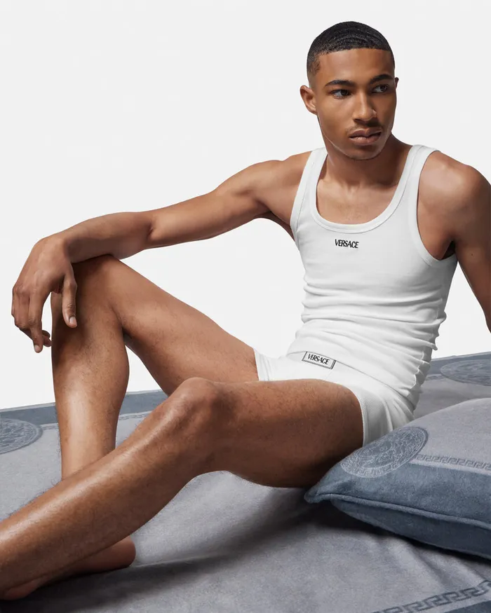 Versace Loungewear and Pajamas Men Logo Ribbed Tank Top White