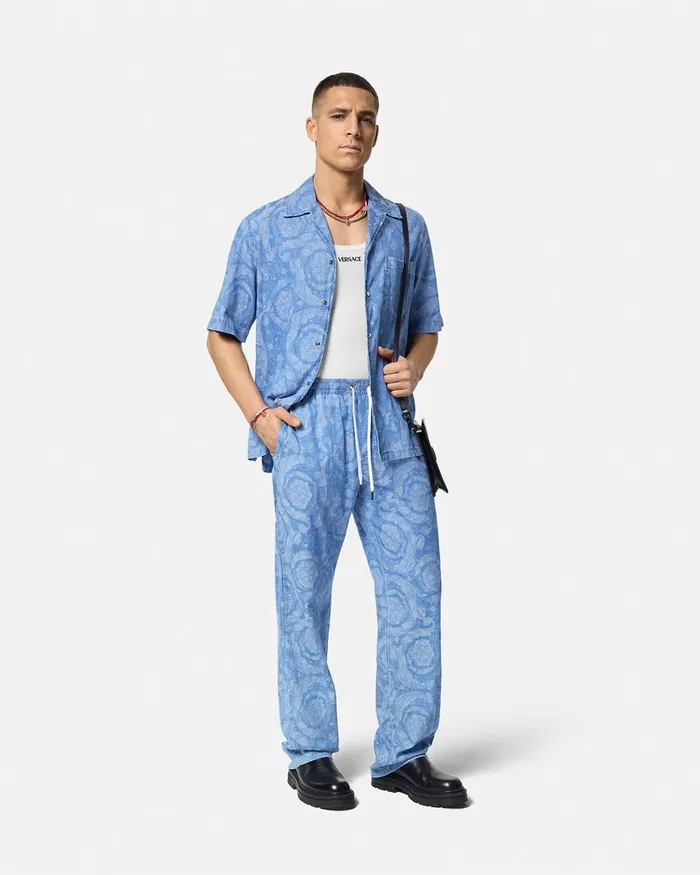Versace Pants and Shorts Men Barocco Chambray Denim Pants Blue