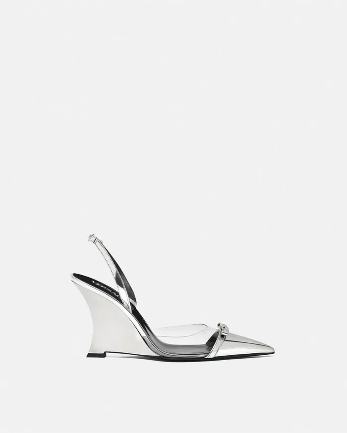 Versace Pumps and Slingbacks Women Gianni Ribbon Metallic Wedge Pumps 95 Mm Silver