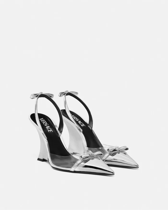 Versace Pumps and Slingbacks Women Gianni Ribbon Metallic Wedge Pumps 95 Mm Silver