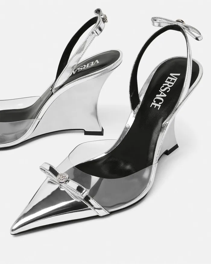 Versace Pumps and Slingbacks Women Gianni Ribbon Metallic Wedge Pumps 95 Mm Silver
