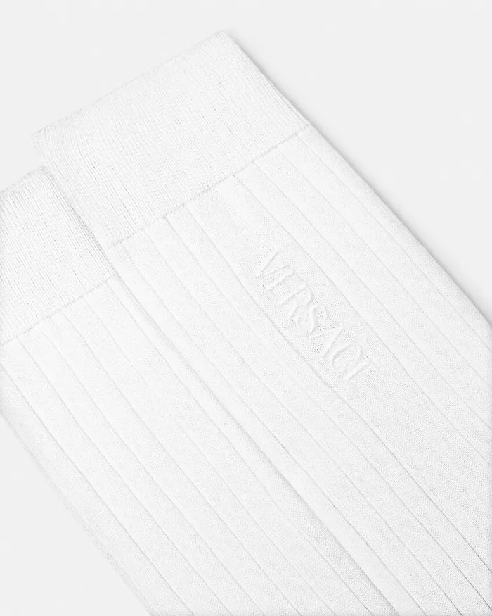 Versace Socks Men Embroidered Ribbed Logo Socks White