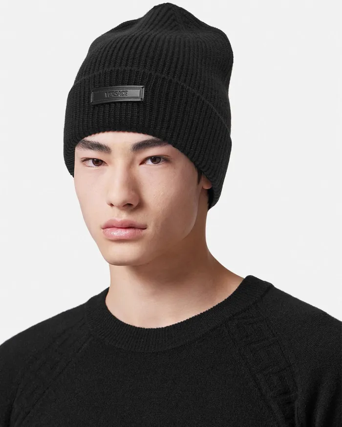 Versace Soft Accessories Men Logo Knit Beanie Black