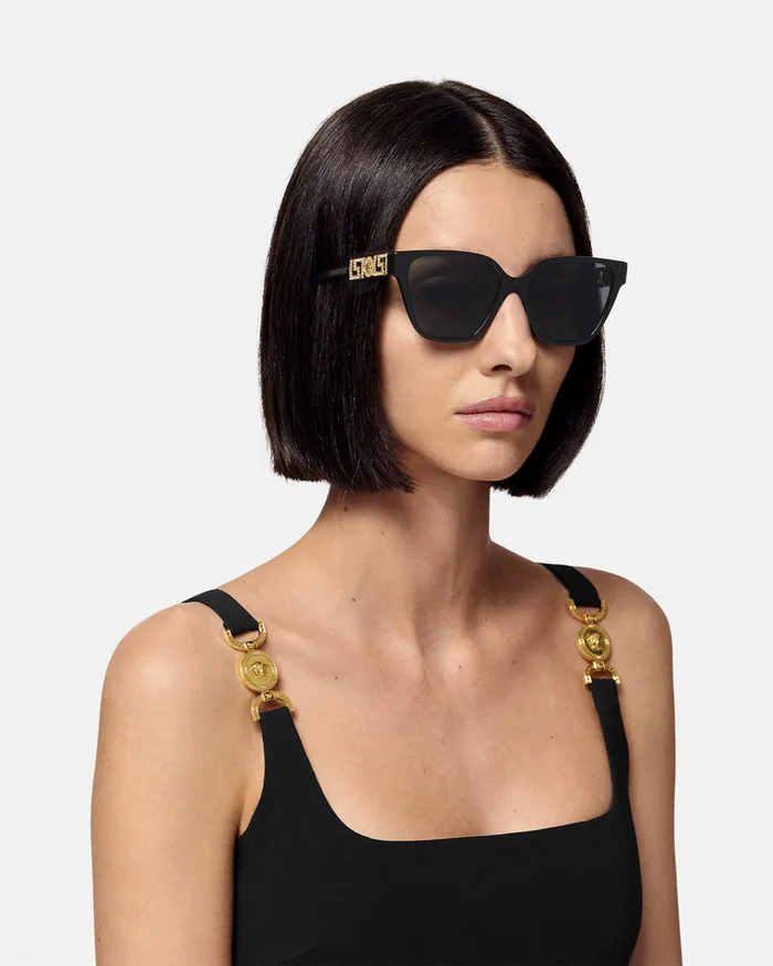 Versace Sunglasses Women Greca Strass Butterfly Sunglasses Blackgold