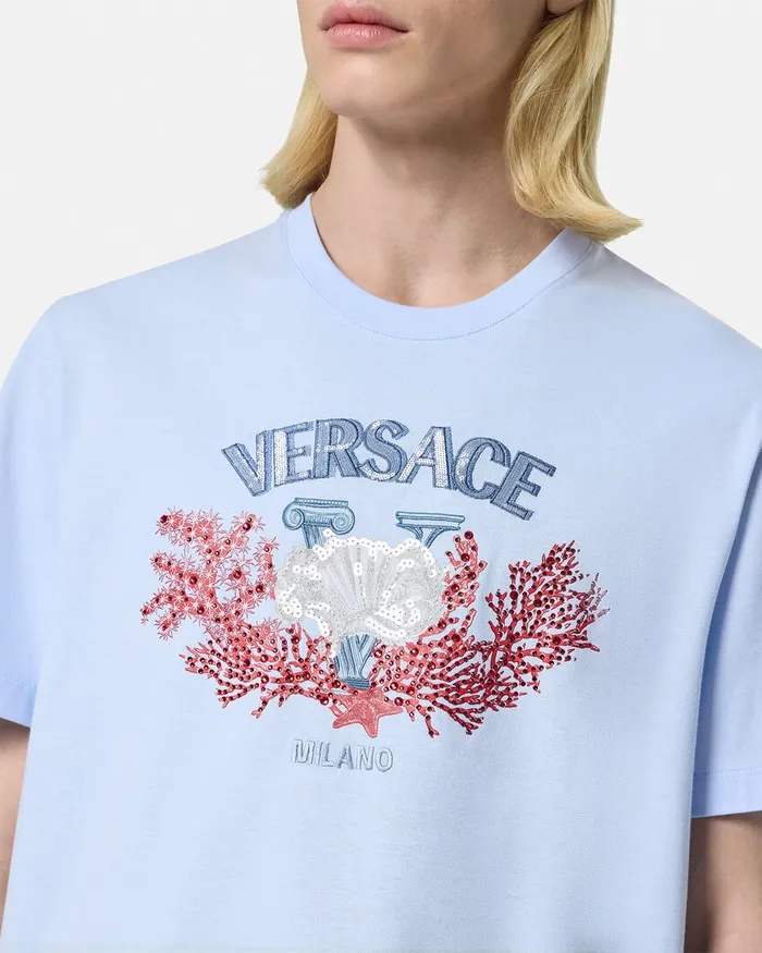 Versace TShirts and Polos Men Embroidered University Coral TShirt Light Blue