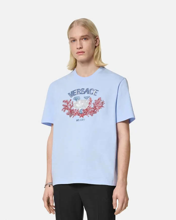 Versace TShirts and Polos Men Embroidered University Coral TShirt Light Blue
