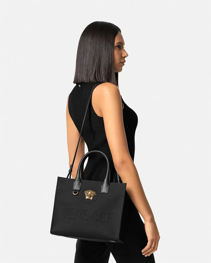 Versace Totes Women La Medusa Canvas Small Tote Bag Blackgold